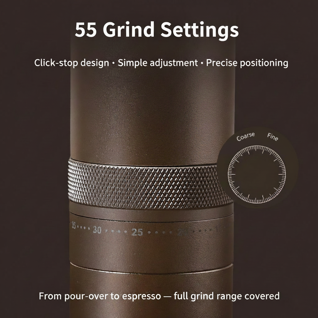 55 Grind Settings - Coarse to Fine Adjustment - QAFINO Manual Coffee Grinder